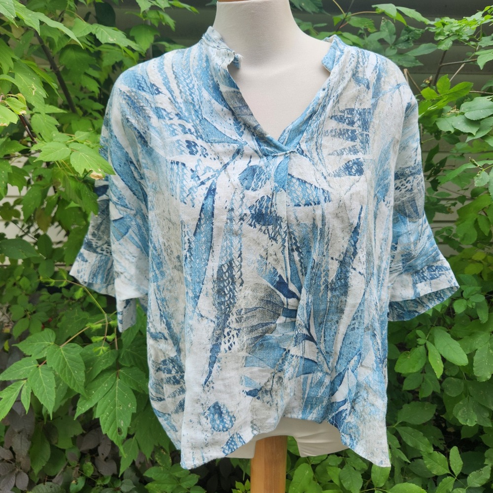 Logica Made in Italy Linen Blouse Top Abstract Blue White Short Sleeve S